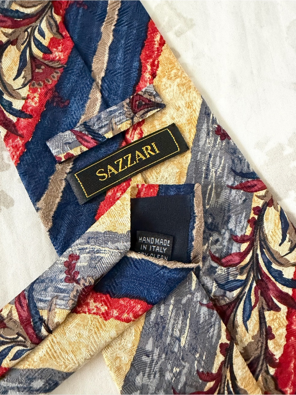 Sazzari 	Vintage Painted Stripes Design Leaves 100% Silk Tie Made In Italy 58”